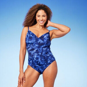 UPF 50 Twist-Front Over the Shoulder One Piece Swimsuit - Aqua Green Blue XL